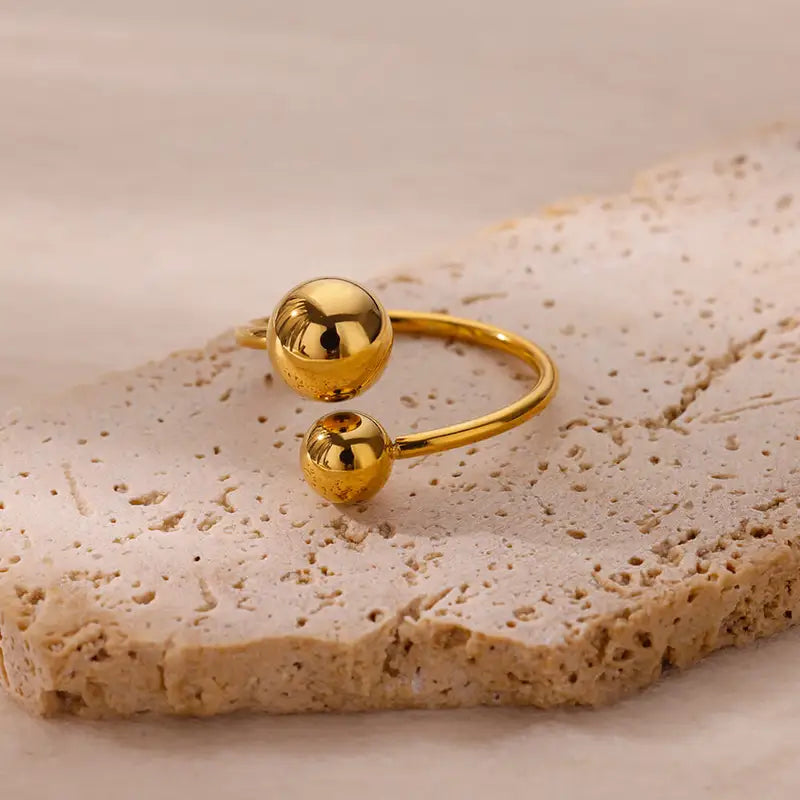 Stainless Steel Double-Layer Bead Ring for Women Geometric Ball Open Jewelry