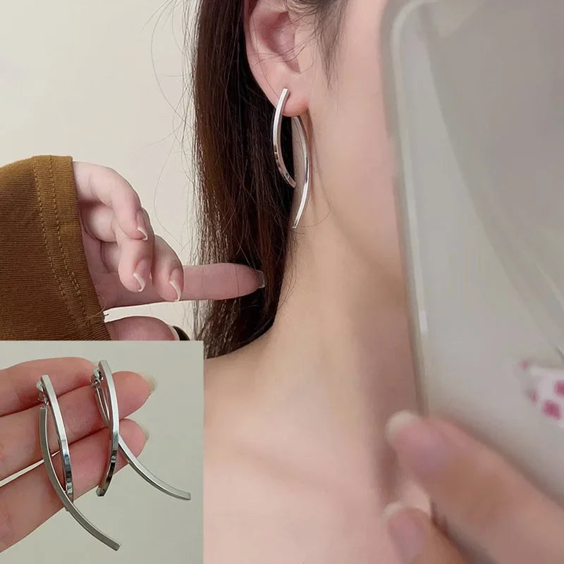 Korean Stylish Cross Arc Long Drop Earrings for Women - Fashion Dangling Jewelry