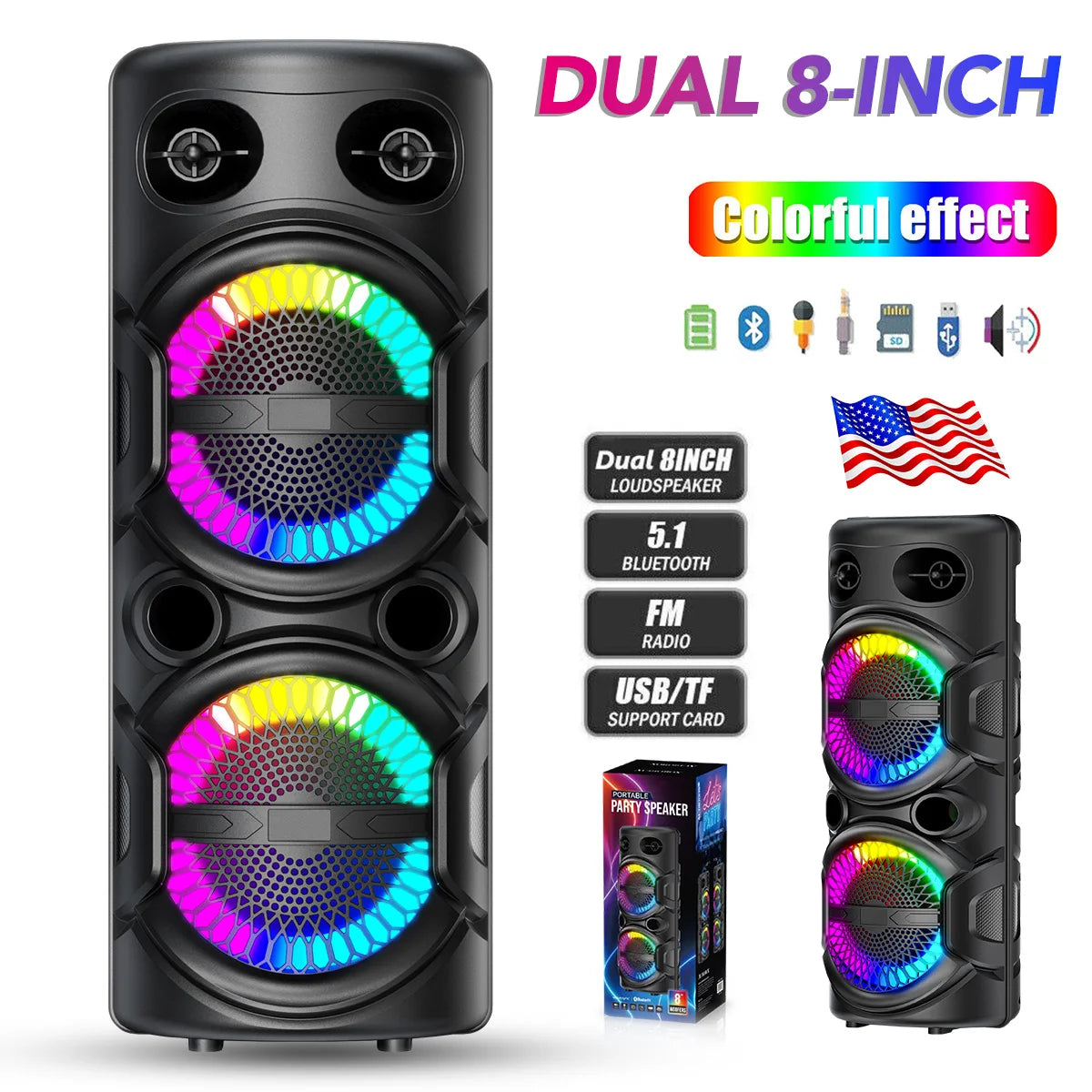 3000W Portable Bluetooth Karaoke Speaker with Dual 8-Inch Subwoofers and RGB Lights