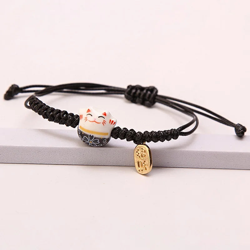 Cute Lucky Cat Braided Bracelet for Women - Adjustable Animal Jewelry Gift