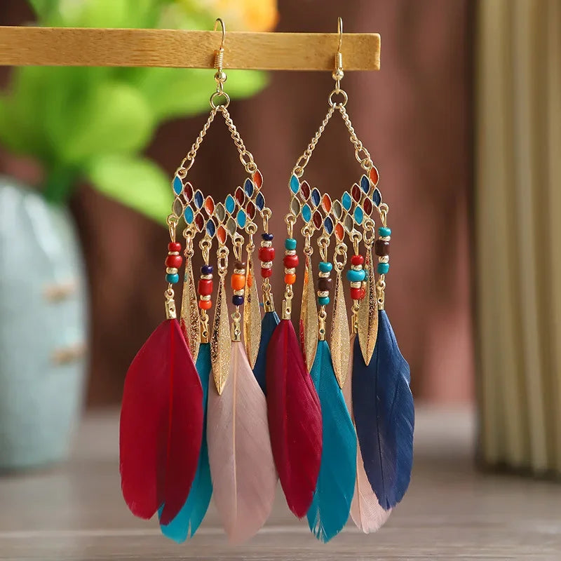 Bohemian Ethnic Feather Dangle Earrings for Women - Colorful Beaded Tassel Drop Jewelry
