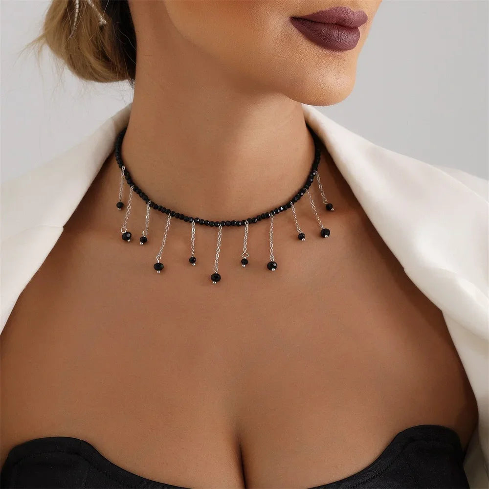 Vintage Black Bead Chain Necklace with Silver Plated Tassel Pendant for Women