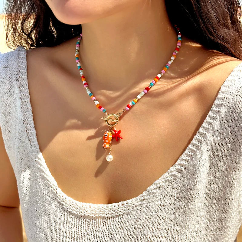 Colorful Ceramic Fish Starfish Beach Necklace for Women Ocean Vacation Jewelry