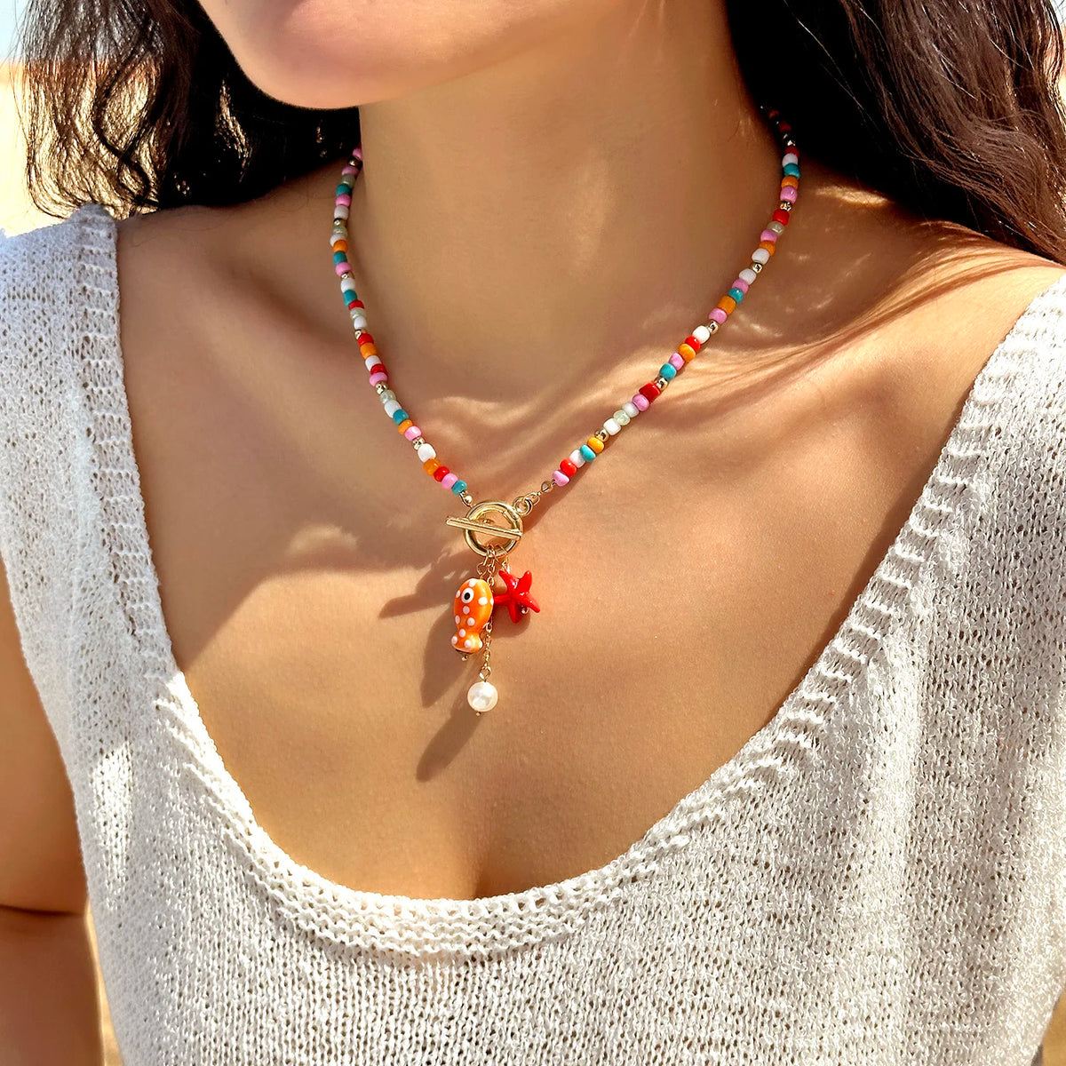 Colorful Ceramic Fish Starfish Beach Necklace for Women Ocean Vacation Jewelry
