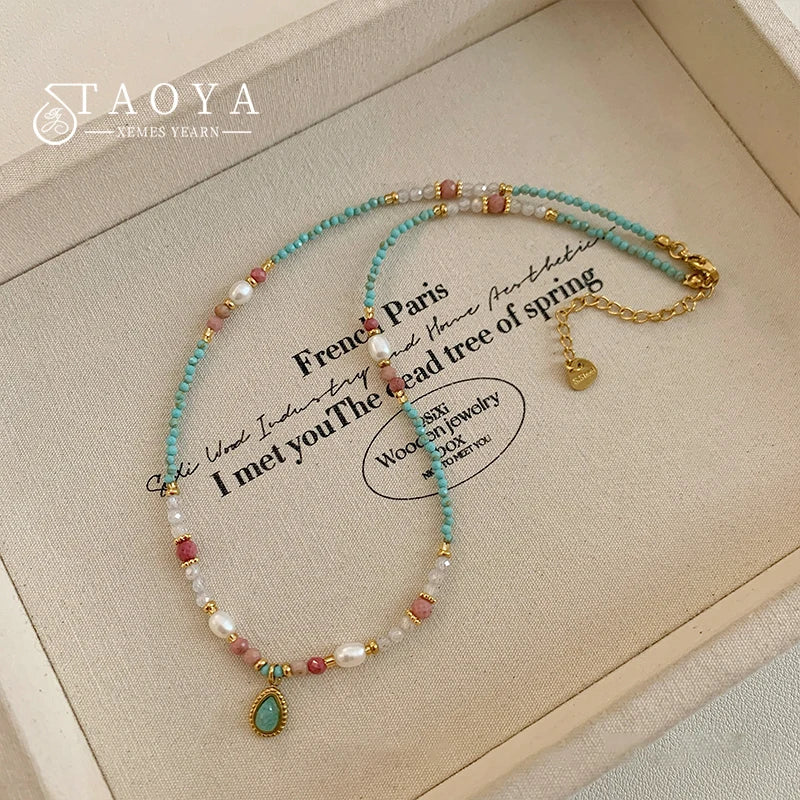 Natural Stone Pearl Bead Necklace with Water Drop Pendant - Women's Romantic Jewelry