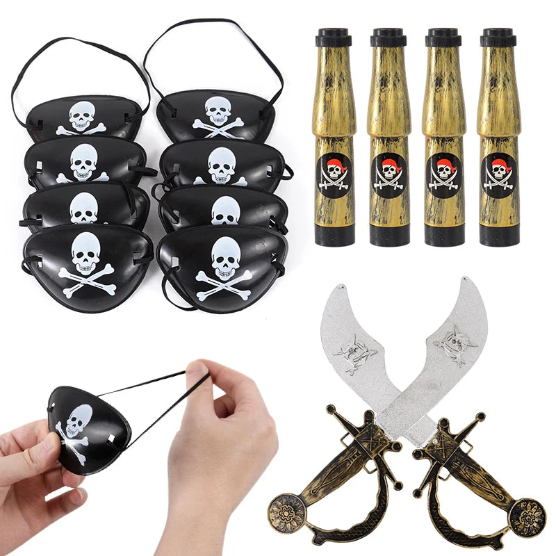 Kids Pirate Cosplay Costume Props Set with Hat Eye Patch Skeleton Hook for Halloween Party