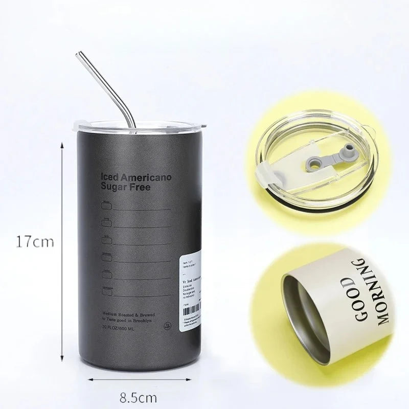 600ml Stainless Steel Insulated Travel Mug with Straw - Double-Layer Reusable Tumbler