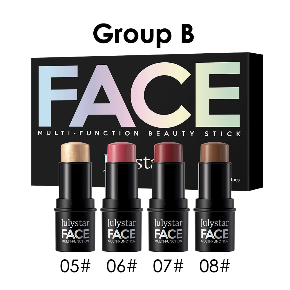 4-Pack Waterproof Face Makeup Sticks for Contouring and Highlighting - Long-Lasting Blush & Shimmer Set for Beginners Women