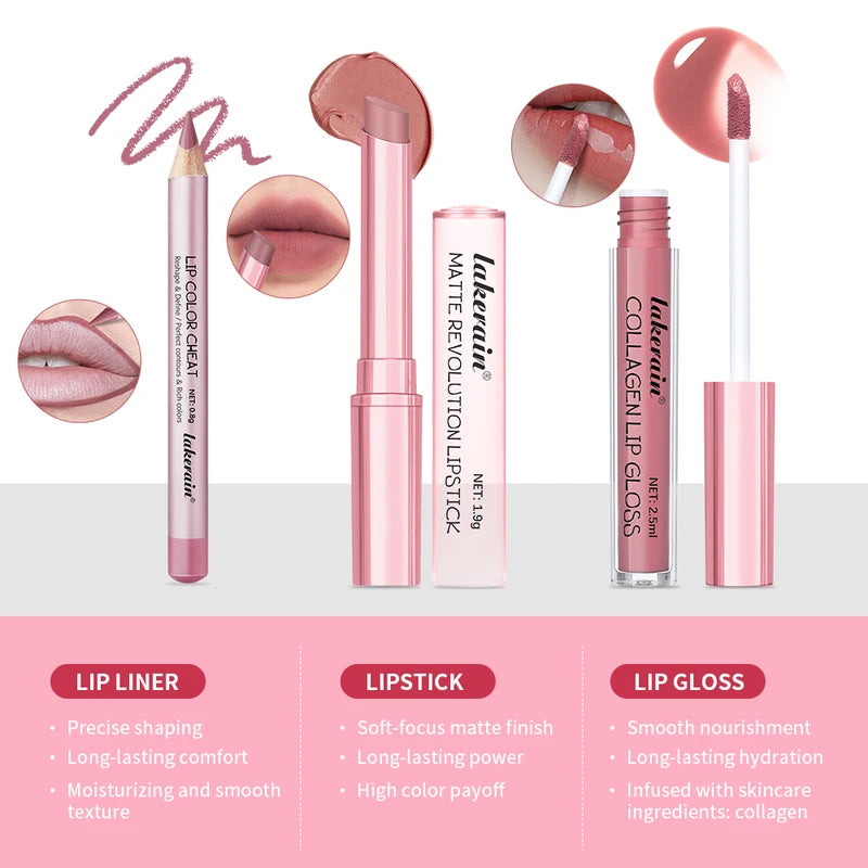 3-Piece Lip Makeup Set with Lip Liner Lip Gloss and Lipstick - Long-Lasting Hydrating Travel Mini Kit