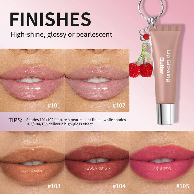 Moisturizing Lip Glowing Butter Lip Gloss with Cherry Pendant - Hydrating, Long-Lasting, Plumping, Shiny Lip Tint