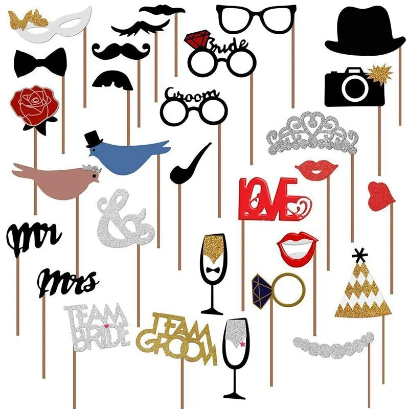 Wedding & Party Photo Props Set - 31 Pieces for Bride and Groom Team Shots