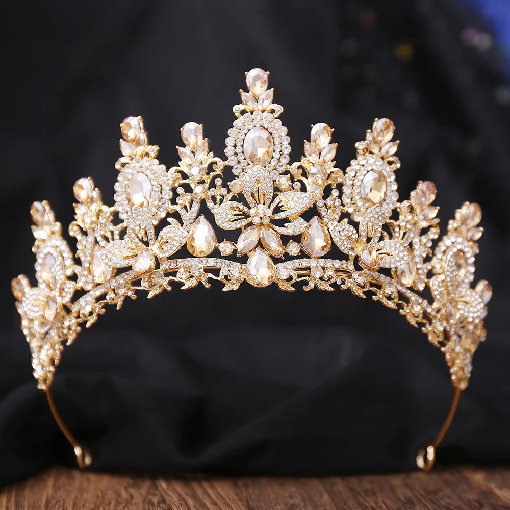 Luxury Water Drop Crystal Bridal Tiara with Flower Design - Wedding Hair Accessories