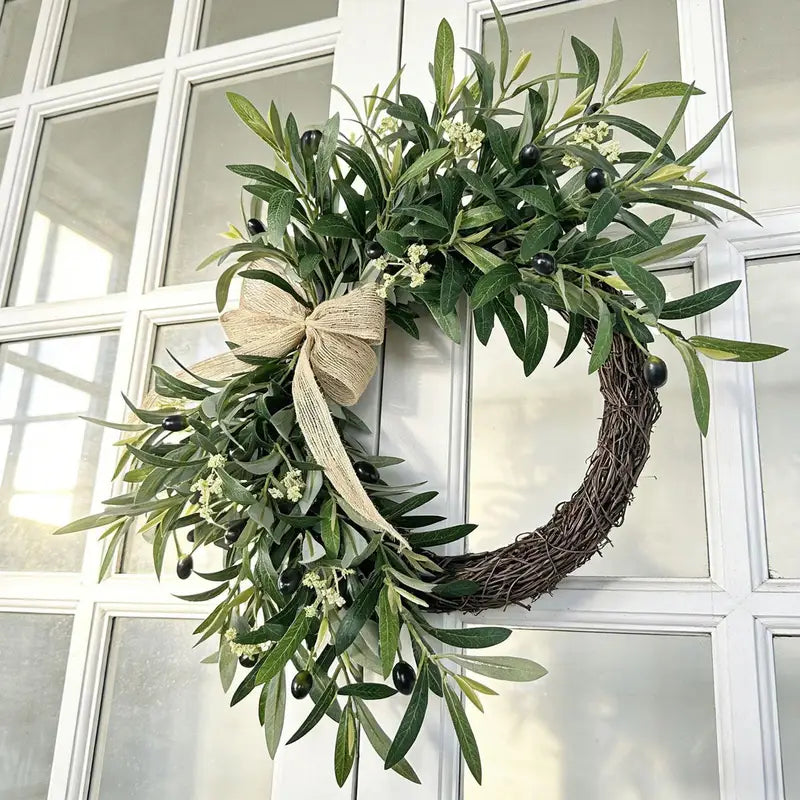 Artificial Greenery Spring Wreath with Olive Leaves and Bow for Front Door & Indoor Decor