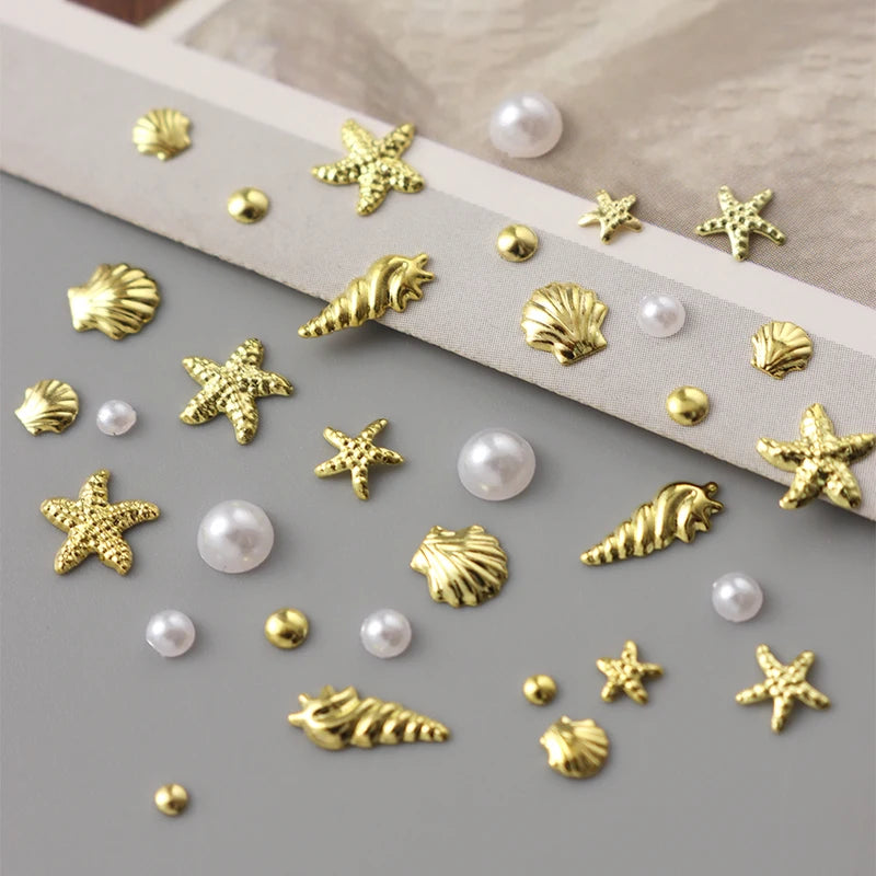 3D Gold Starfish Seashell Nail Art Charms & Beads for Summer Manicure