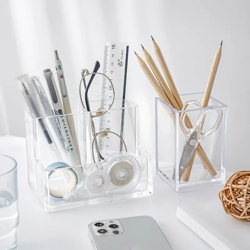 Transparent 3-Grid Makeup & Pen Organizer Box - Reusable Cosmetic Storage Bin