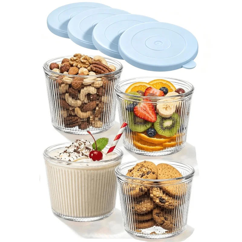 Set of 4 Small Glass Food Storage Bowls with Lids - Stackable Clear Stripe Design