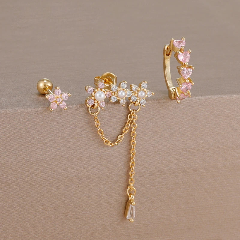 3-Piece Stainless Steel Flower Tassel Earrings Set with Heart-Shaped Pendants for Women