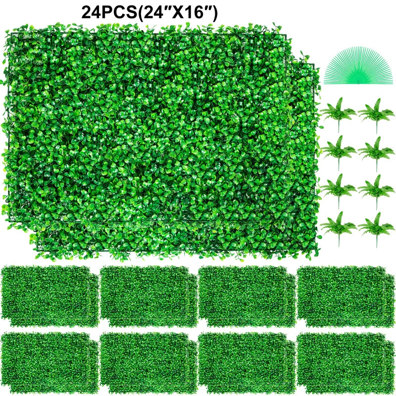Artificial Boxwood Panel Wall Hedge - 24pcs Green Grass Outdoor Indoor Decor