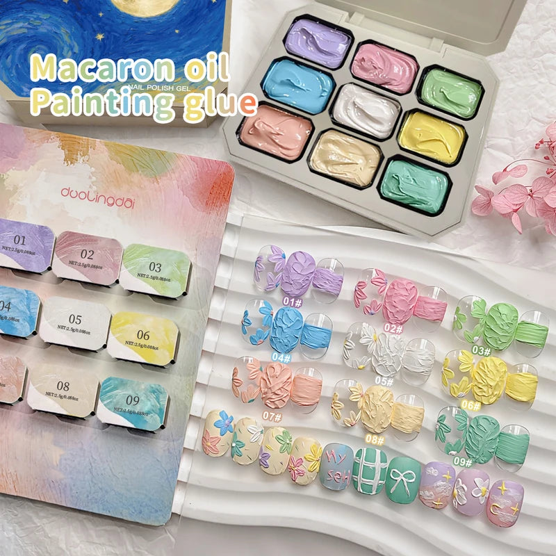 9-Grid Macaron Oil Painting Gel Set for Nails - Vibrant No Wipe Nail Polish