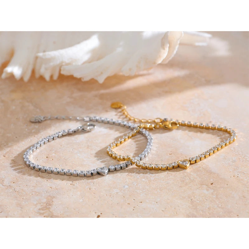 Delicate Heart Chain Bracelet Bangle with Cubic Zirconia Stainless Steel Jewelry