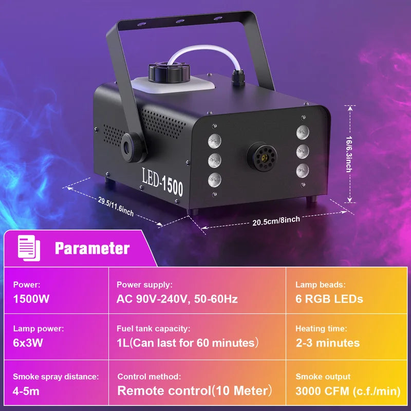 1500W RGB Fog Machine with Remote Control for DJ Party Stage Effects