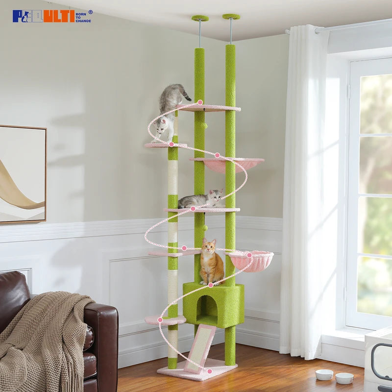 Adjustable Floor-to-Ceiling Cat Tree Tower with Cactus Design, Condo, Hammock & Scratching Post
