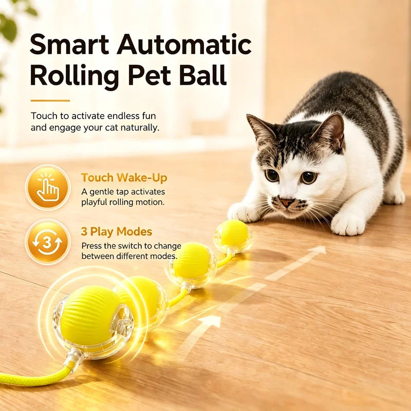 Interactive Cat Toy Ball with Obstacle Avoidance & Adjustable Speed - Rechargeable Electric Self-Rolling Ball with Elastic Rope