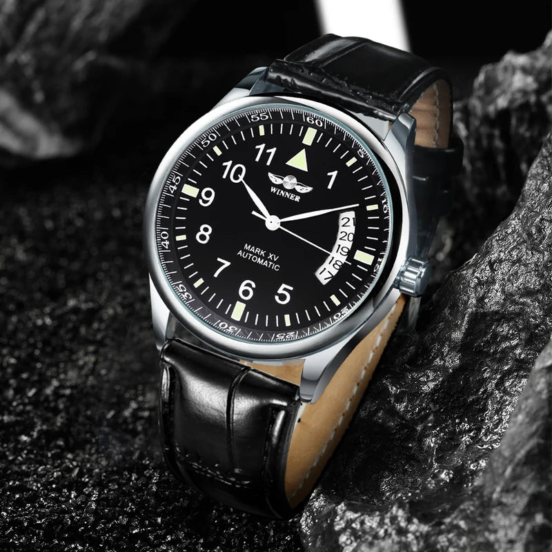 Men's Automatic Mechanical Watch with Leather Strap and Date Function