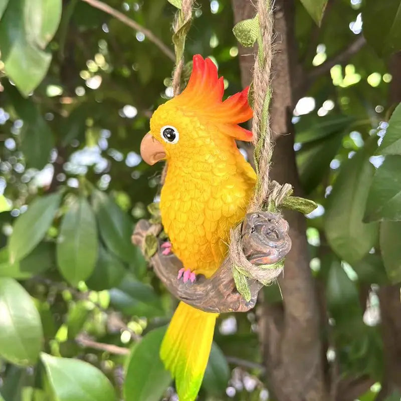 Cute Parrot Wood Swing Animal Statue for Garden and Patio Decor