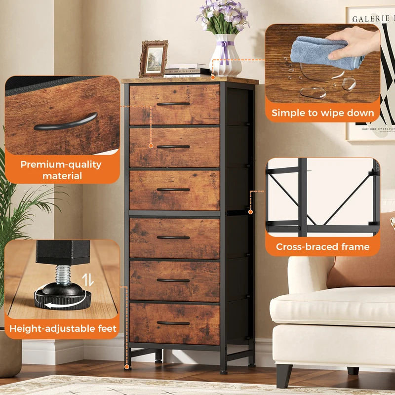 Tall Fabric Drawer Dresser with Wooden Top - Slim Storage Tower for Bedroom & Closet