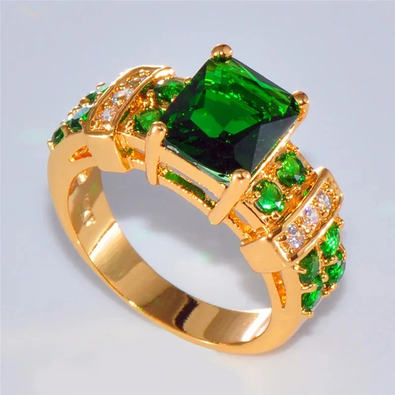 Green Crystal Ring Charm Gold Tone Wedding Engagement Jewelry for Women