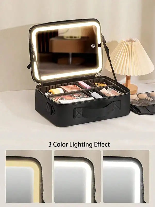 Travel Makeup Bag with LED Lighted Mirror, Large Capacity Rechargeable Cosmetic Organizer Case for Women