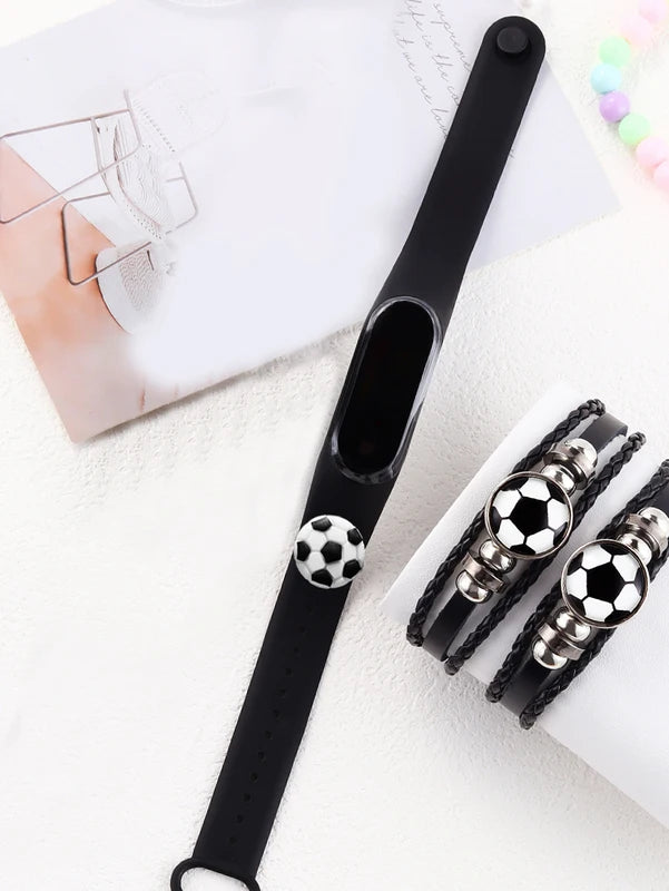 Sports Watch with Silicone Band and Football Leather Bracelet - Gift Set