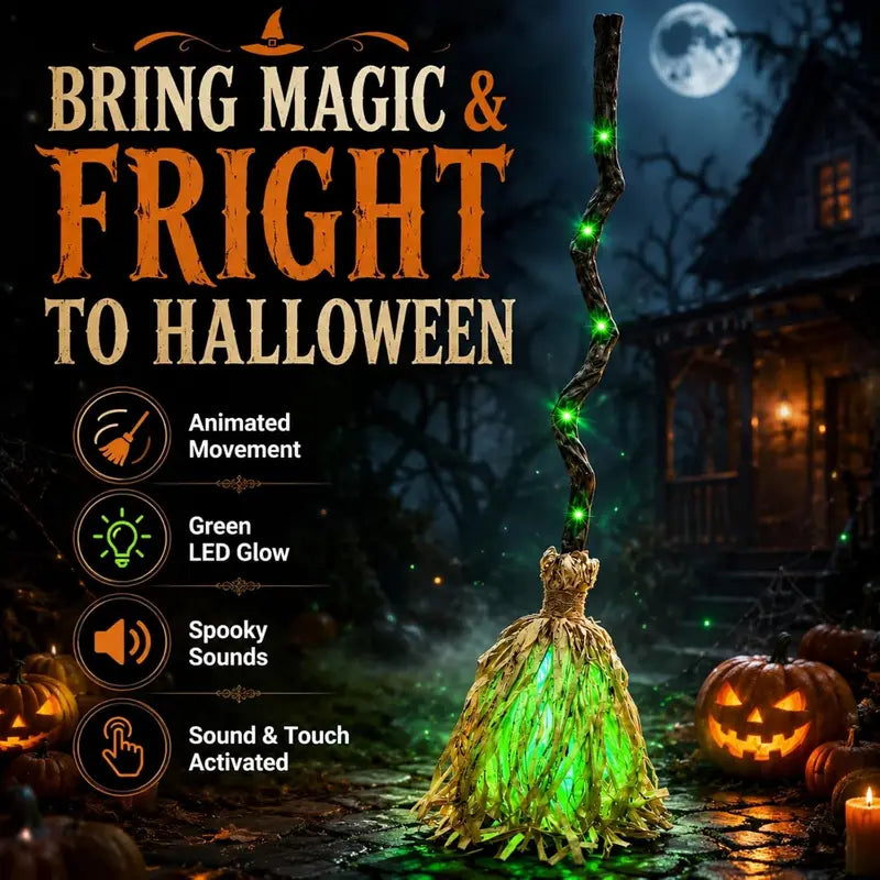 Halloween Animated Witch Broom with Sound & Green Lights - Indoor Decoration Set