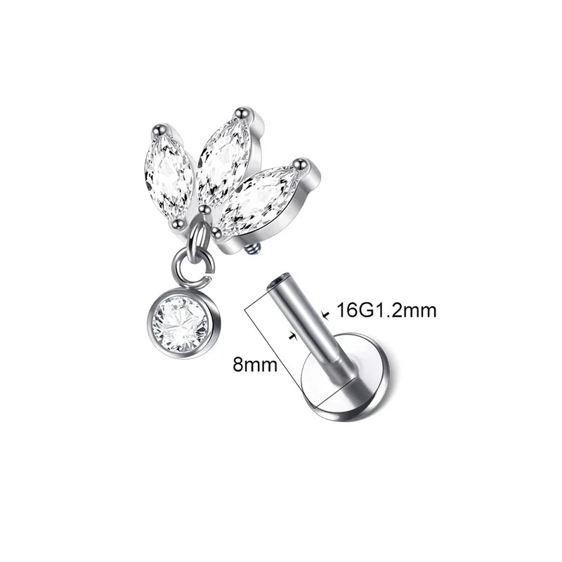Titanium Zircon Star Labret Piercing Earring - Internally Threaded Lip Helix Tragus Jewelry