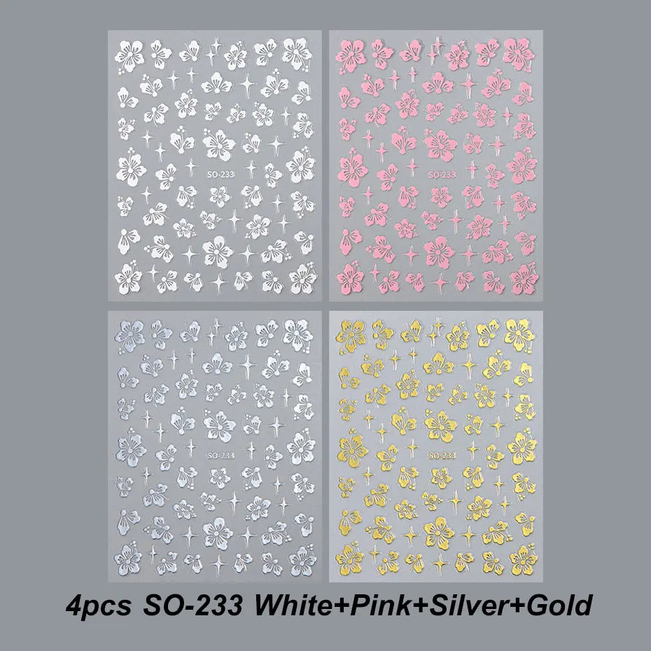 4pcs 3D Hibiscus Flower Nail Art Stickers Tropical Floral Decals for Manicure