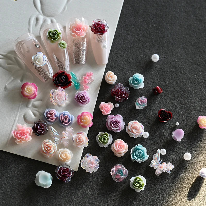 12-Grid 3D Floral Butterfly Pearl Nail Art Charms for DIY Manicure Decorations
