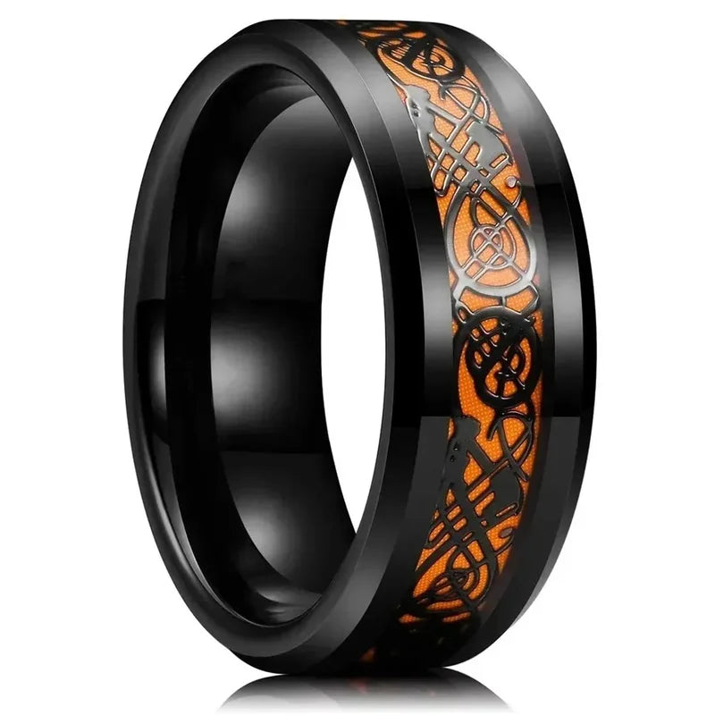 Men Women Celtic Dragon Rings Stainless Steel Inlay Carbon Fiber Jewelry