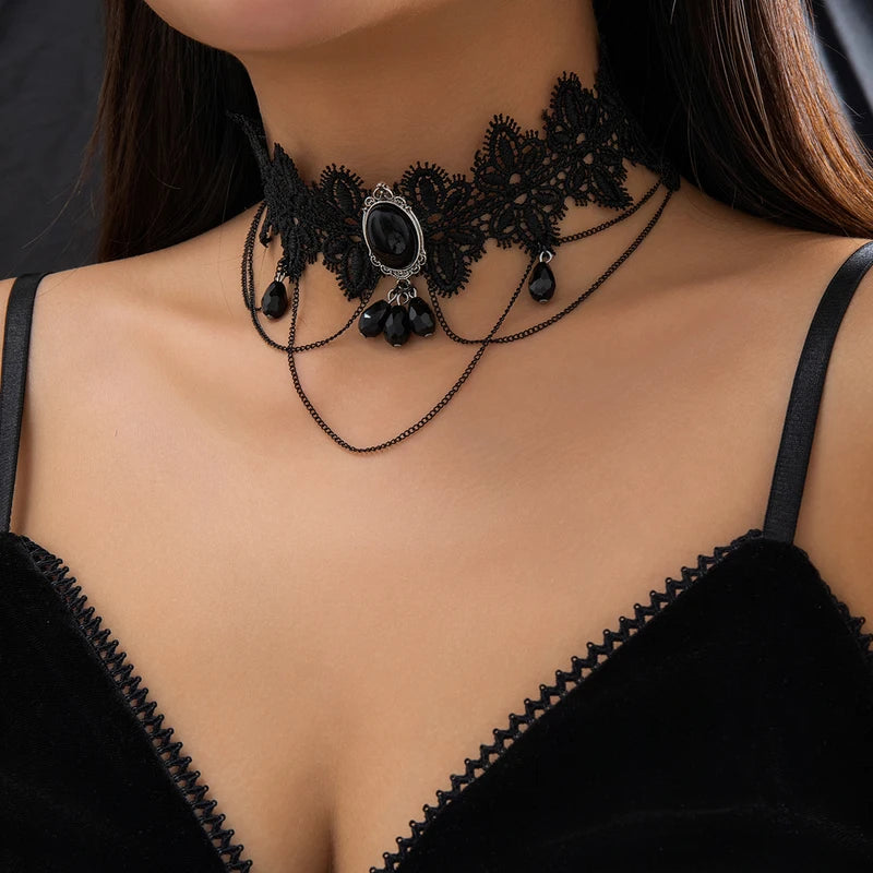 Gothic Black Lace Rope Chain Necklace with Crystal Beads and Geometric Charm - Girls Women Party Jewelry
