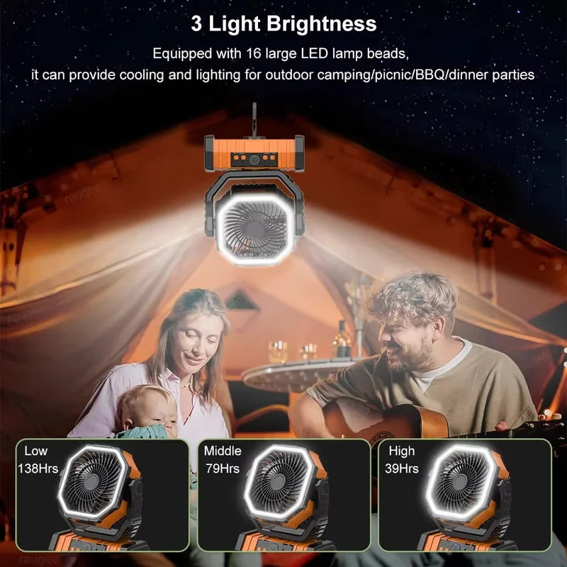 Portable 20000mAh Camping Fan with LED Light and USB Power Bank - Outdoor Tent Fan with 270° Adjustable Wind Speeds and Timer