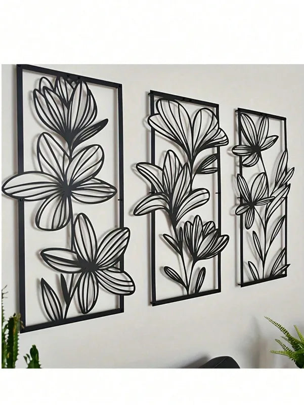 Iron Wall Art Decor 3-Piece Floral Metal Murals for Living Room Bedroom Home