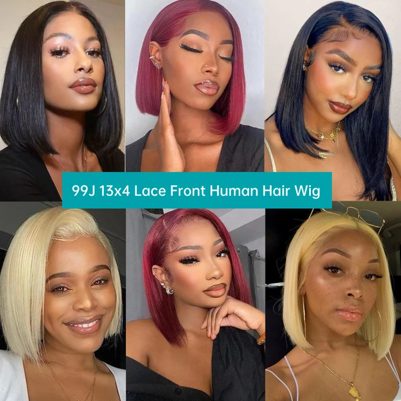 Brazilian 99J Bob Human Hair Wig - Straight Lace Front Short Wig with HD Transparent Lace