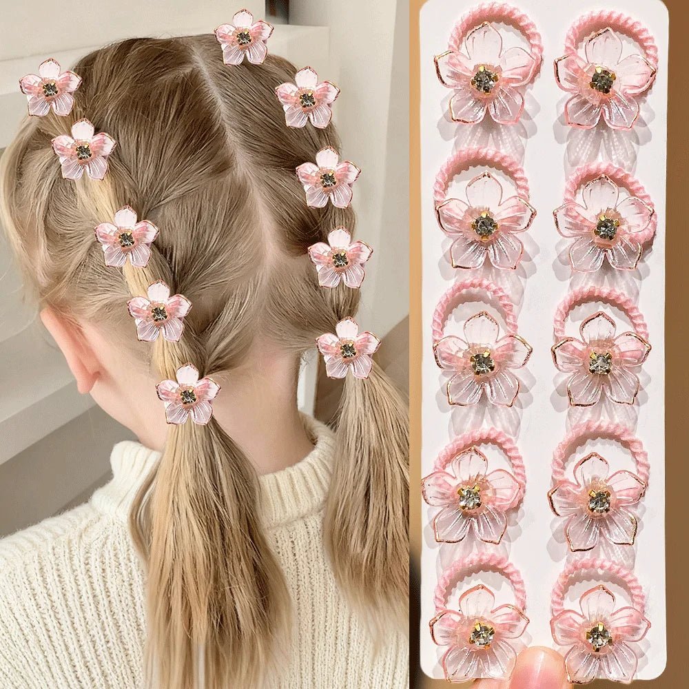 Girls Elastic Hair Bands with Rhinestone and Flower Decorations - Durable & High Elasticity Hair Ties for Braid and Ponytail
