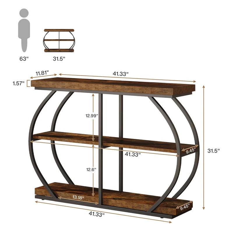 Industrial 3-Tier Console Table with Arched Metal Frame and Storage Shelves - 41.3 Inch Entryway or Living Room Table