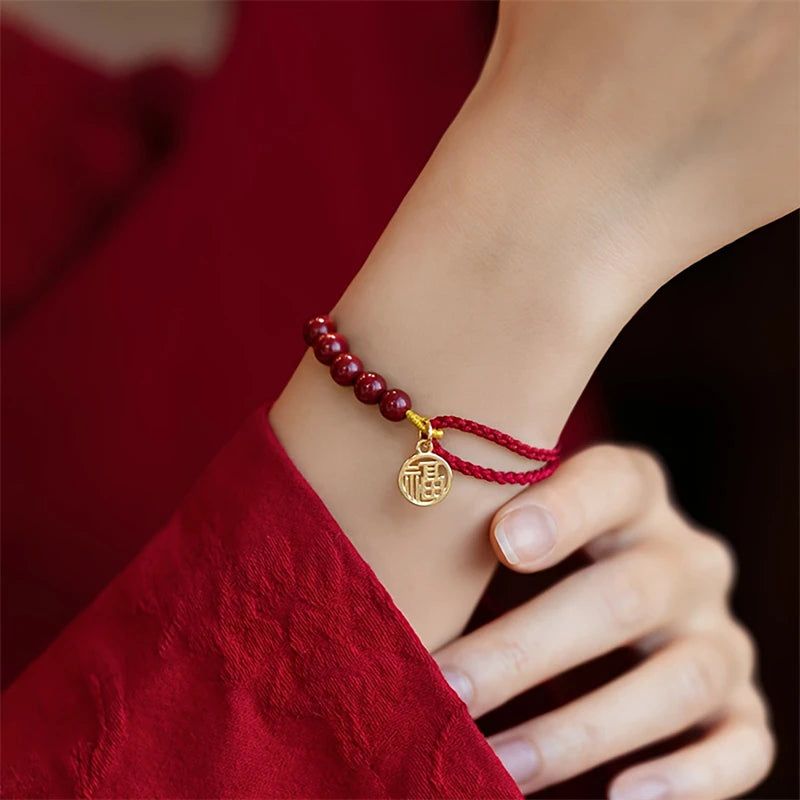Handwoven Rope Imitation Cinnabar Pendant Bracelet for Women Lucky Red Chinese Knot Jewelry Gift