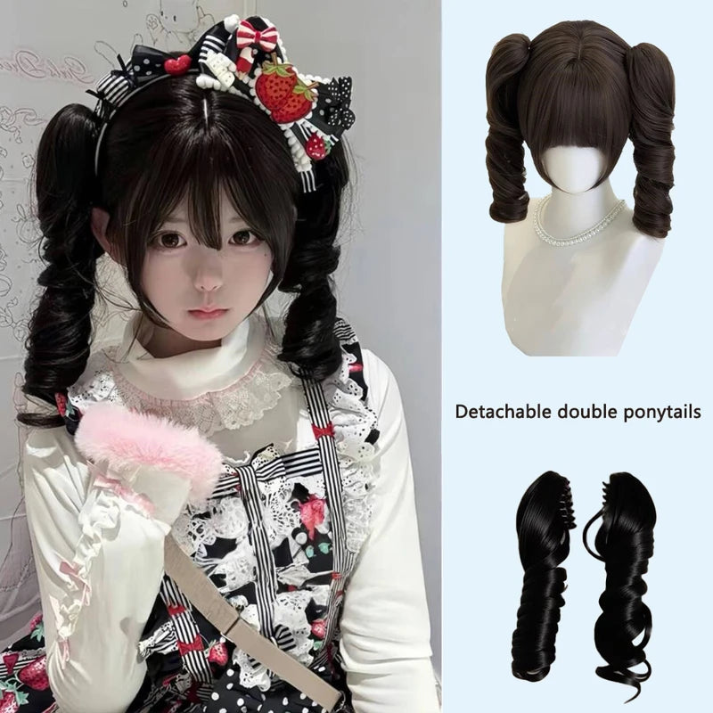 Detachable Double Ponytail Cosplay Wig for Women - Curly Synthetic Hair