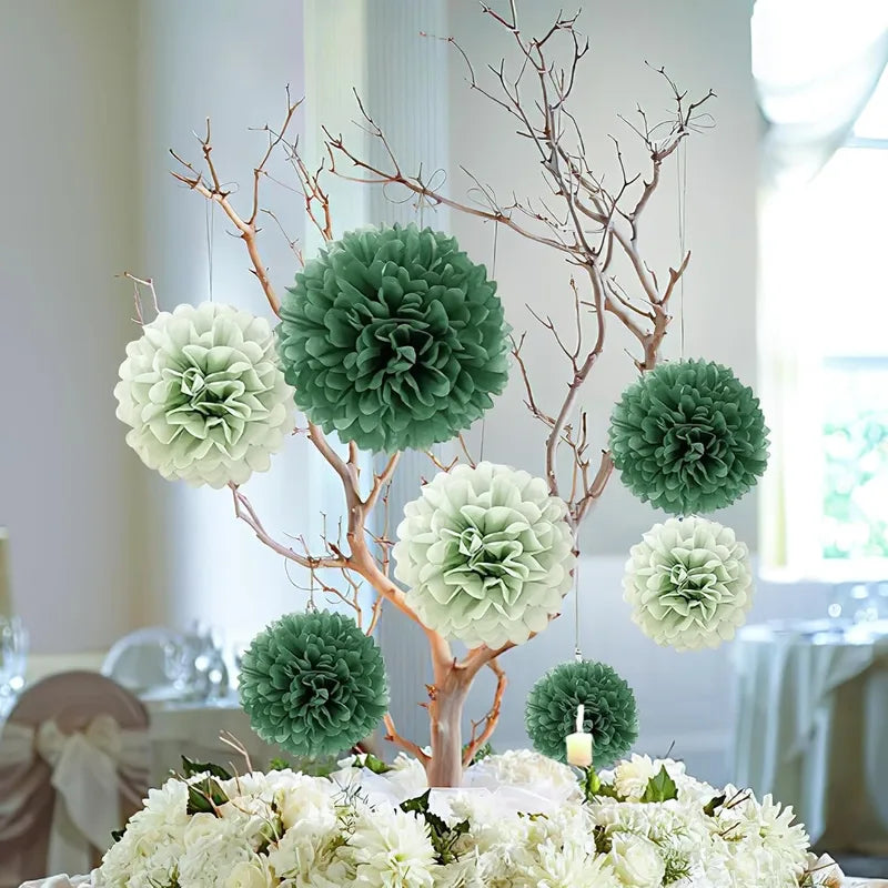 20pcs Green Paper Pom Poms for Wedding Party Home Decor