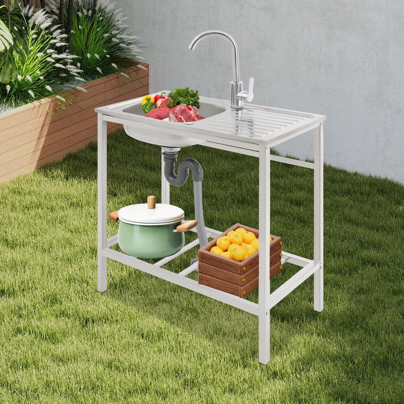 Commercial Kitchen Sink with Operation Countertop and 360° Faucet, Large Single Bowl Stainless Steel