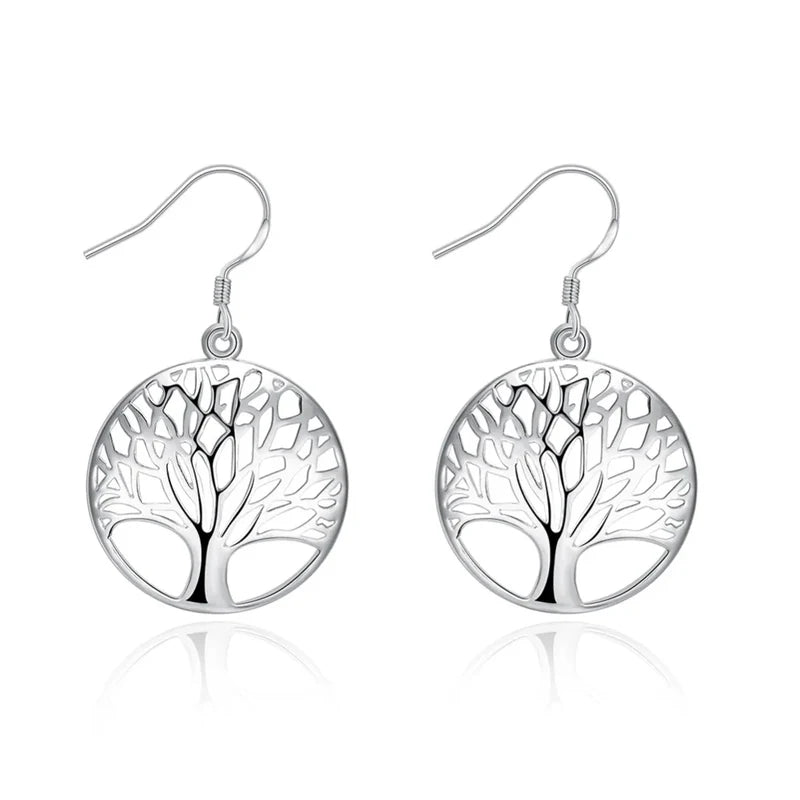 925 Sterling Silver Earrings for Women Hollow Carved Round Tree Christmas Gift Jewelry