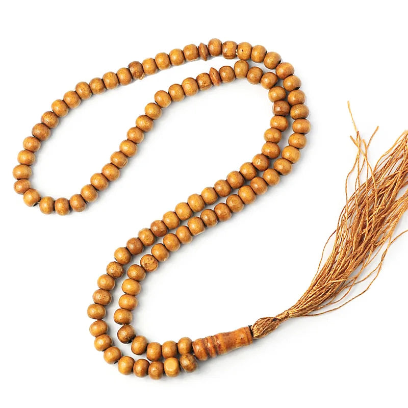 Wooden Muslim Prayer Beads 99 Rosary with Tassel - Handheld Islamic Bracelet or Decor